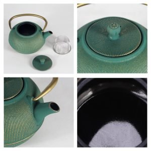 24 Fl Oz Green And Gold Best Simple Cast Iron Enamel Teapot Kettle Vintage
