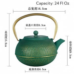 24 Fl Oz Green And Gold Best Simple Cast Iron Enamel Teapot Kettle Vintage