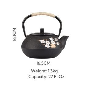 27 Fl Oz Antique Hand-painted Plum And Bamboo Black Cast Iron Teapot Kettle