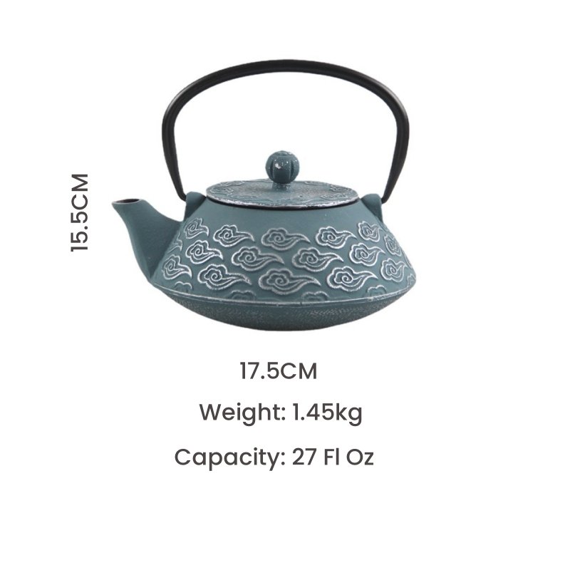 27 Fl Oz Blue Antique Auspicious Clouds Color Enamel Cast Iron Teapot Set For Sale 27 Fl Oz Blue Antique Auspicious Clouds Color Enamel Cast Iron Teapot Set For Sale
