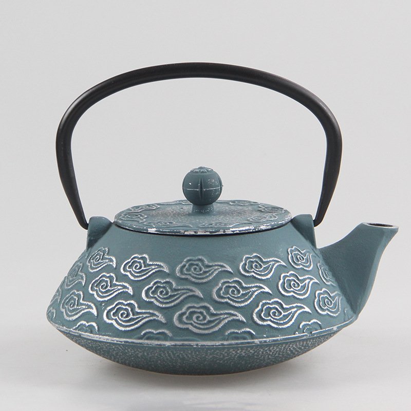 27 Fl Oz Blue Antique Auspicious Clouds Color Enamel Cast Iron Teapot Set For Sale 27 Fl Oz Blue Antique Auspicious Clouds Color Enamel Cast Iron Teapot Set For Sale