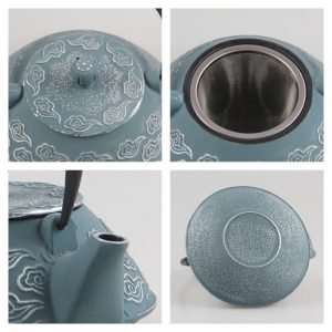 27 Fl Oz Blue Antique Auspicious Clouds Color Enamel Cast Iron Teapot Set For Sale