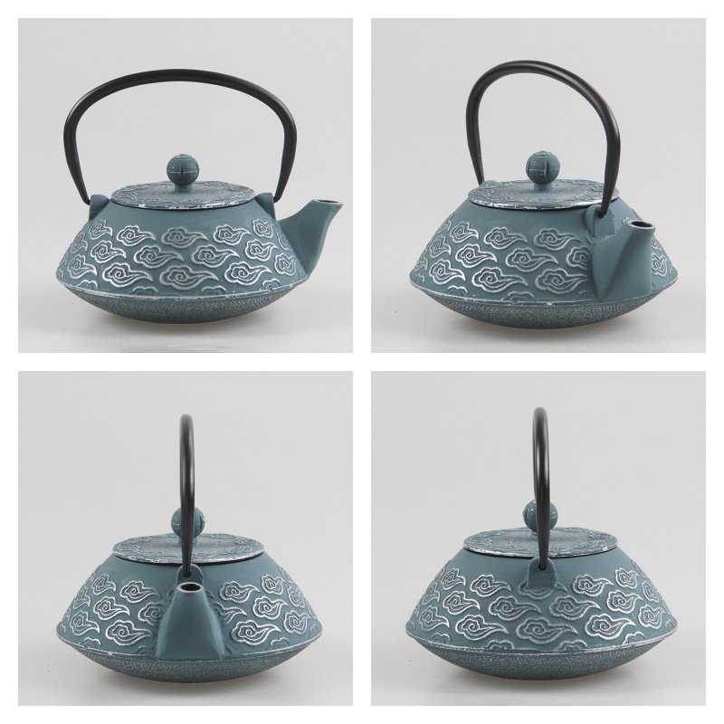 27 Fl Oz Blue Antique Auspicious Clouds Color Enamel Cast Iron Teapot Set For Sale 27 Fl Oz Blue Antique Auspicious Clouds Color Enamel Cast Iron Teapot Set For Sale