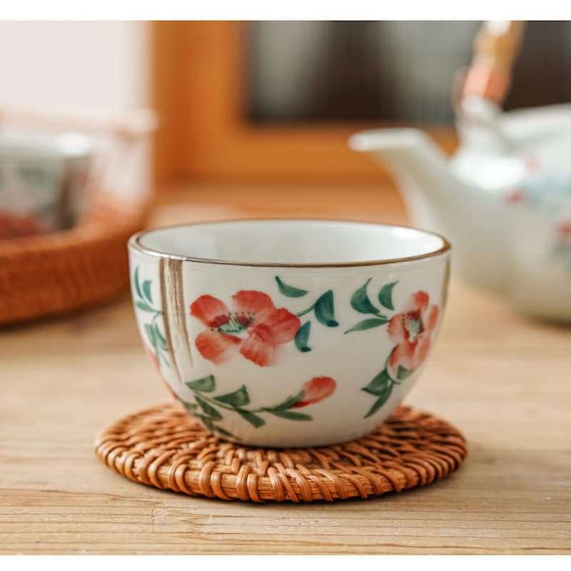 Antique Porcelain Hand-painted Red Flower Japanese Teapot Set With Rattan Woven Bamboo Handle Antique Porcelain Hand-painted Red Flower Japanese Teapot Set With Rattan Woven Bamboo Handle