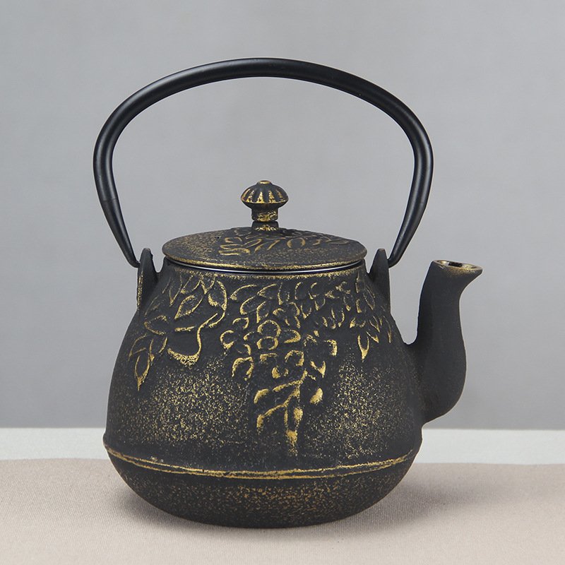 34 Fl Oz Black And Gold Vintage Grape Leaf Old Cast Iron Enamel Teapot Kettle 34 Fl Oz Black And Gold Vintage Grape Leaf Old Cast Iron Enamel Teapot Kettle