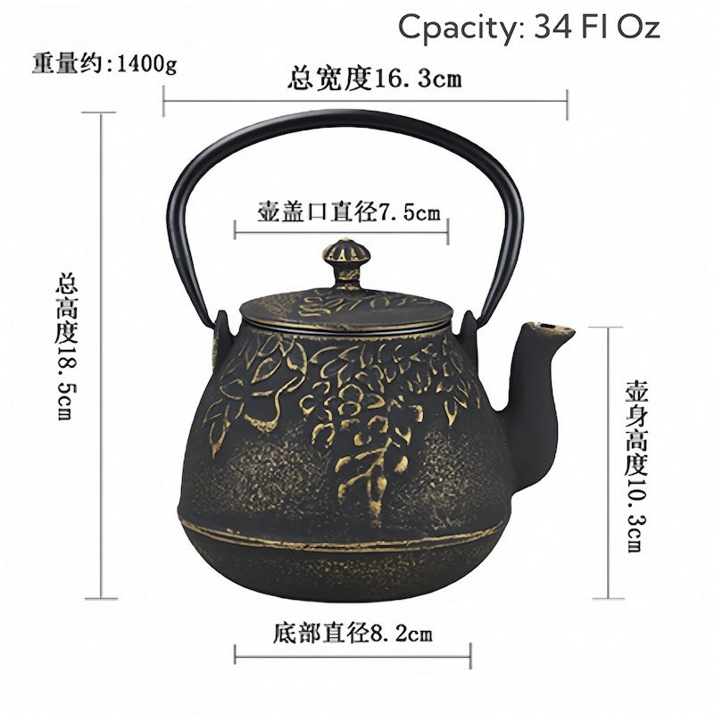 34 Fl Oz Black And Gold Vintage Grape Leaf Old Cast Iron Enamel Teapot Kettle 34 Fl Oz Black And Gold Vintage Grape Leaf Old Cast Iron Enamel Teapot Kettle