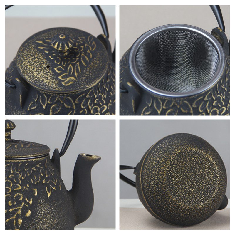 34 Fl Oz Black And Gold Vintage Grape Leaf Old Cast Iron Enamel Teapot Kettle 34 Fl Oz Black And Gold Vintage Grape Leaf Old Cast Iron Enamel Teapot Kettle