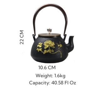 41 Fl Oz Black And Gold Vintage Flower And Butterfly Cast Iron Teapot Kettle