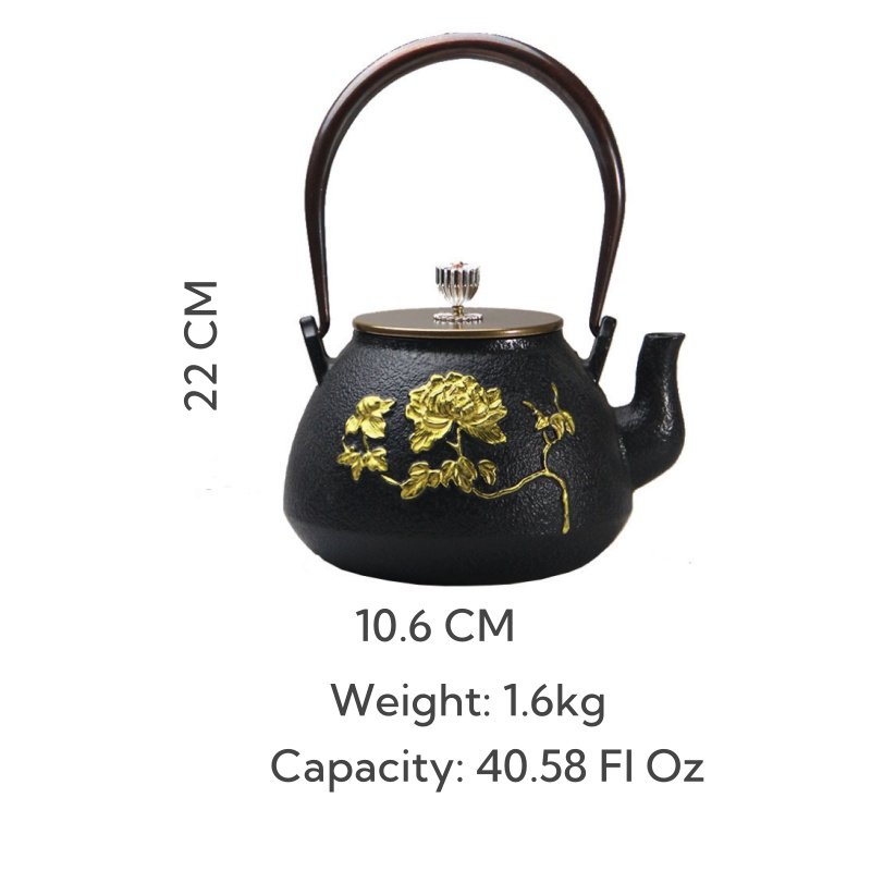 41 Fl Oz Black And Gold Vintage Flower And Butterfly Cast Iron Teapot Kettle 41 Fl Oz Black And Gold Vintage Flower And Butterfly Cast Iron Teapot Kettle