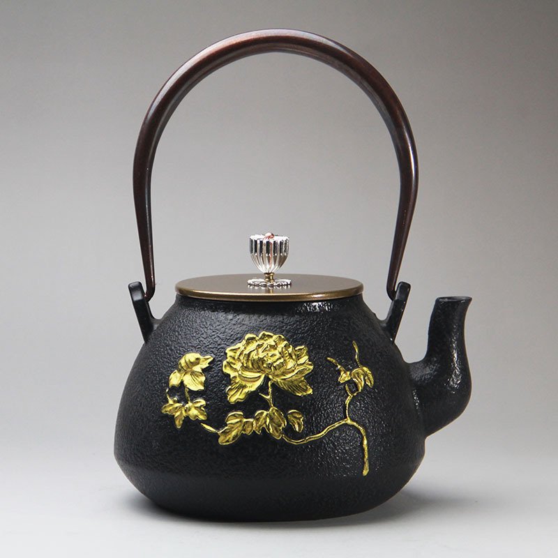 41 Fl Oz Black And Gold Vintage Flower And Butterfly Cast Iron Teapot Kettle 41 Fl Oz Black And Gold Vintage Flower And Butterfly Cast Iron Teapot Kettle