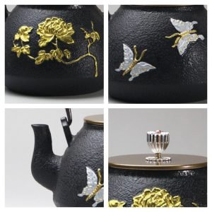 41 Fl Oz Black And Gold Vintage Flower And Butterfly Cast Iron Teapot Kettle
