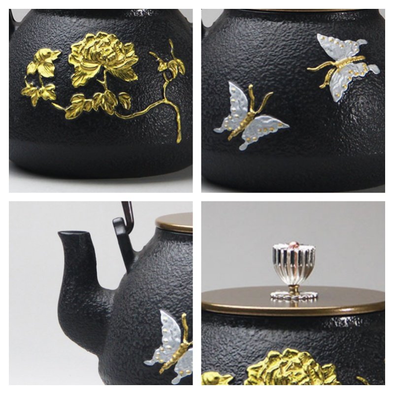 41 Fl Oz Black And Gold Vintage Flower And Butterfly Cast Iron Teapot Kettle 41 Fl Oz Black And Gold Vintage Flower And Butterfly Cast Iron Teapot Kettle