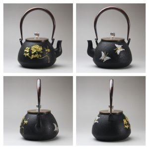 41 Fl Oz Black And Gold Vintage Flower And Butterfly Cast Iron Teapot Kettle