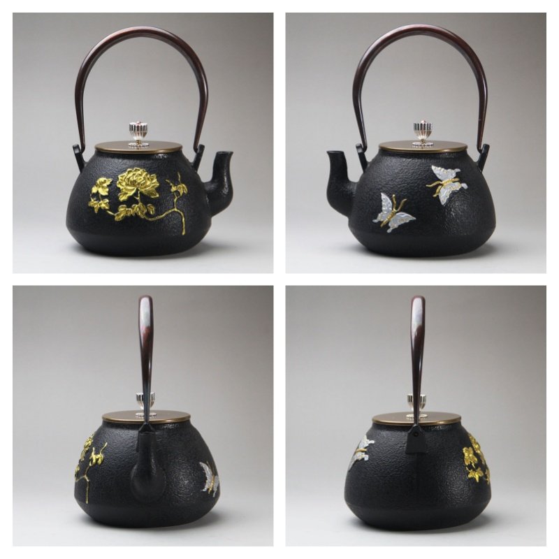 41 Fl Oz Black And Gold Vintage Flower And Butterfly Cast Iron Teapot Kettle 41 Fl Oz Black And Gold Vintage Flower And Butterfly Cast Iron Teapot Kettle