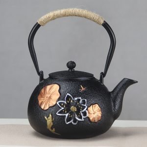 41 Fl Oz Traditional Colorfully Painted Lotus Flower And Leaf Antique Cast Iron Teapot Set