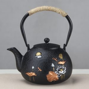 41 Fl Oz Traditional Colorfully Painted Lotus Flower And Leaf Antique Cast Iron Teapot Set