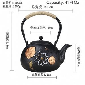 41 Fl Oz Traditional Colorfully Painted Lotus Flower And Leaf Antique Cast Iron Teapot Set