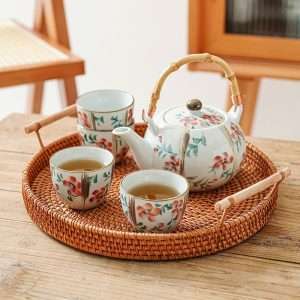 Antique Porcelain Hand-painted Red Flower Japanese Teapot Set With Rattan Woven Bamboo Handle