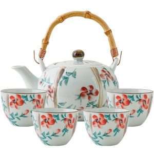 Antique Porcelain Hand-painted Red Flower Japanese Teapot Set With Rattan Woven Bamboo Handle