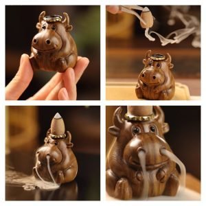 Adorable Little Cow Wooden Waterfall Backflow Incense Burner