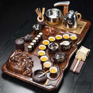 Buddha Theme Kung Fu Tea Set with Wooden Tray and Stainless Electric Teapot Furnace
