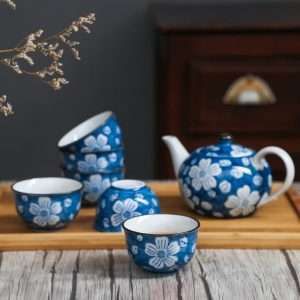 Antique Porcelain Hand-painted Blue Flower And Leaf Japanese Teapot And Cup Set