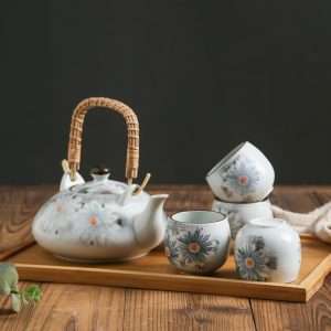 Antique Porcelain Hand-painted Grey Chrysanthemum Japanese Teapot Set With Rattan Woven Bamboo Handle