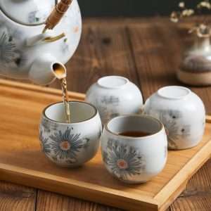 Antique Porcelain Hand-painted Grey Chrysanthemum Japanese Teapot Set With Rattan Woven Bamboo Handle