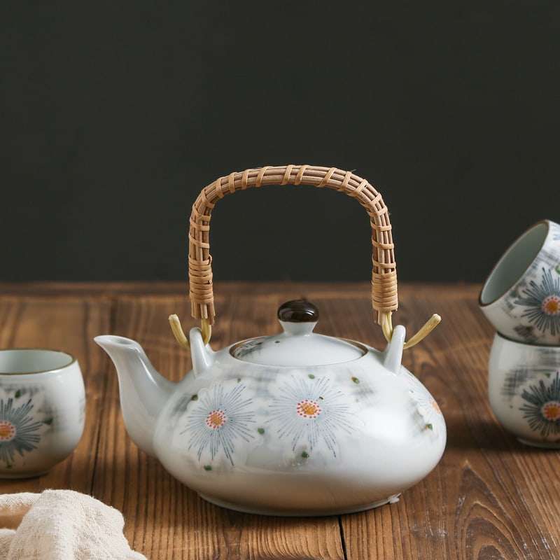 Antique Porcelain Hand-painted Grey Chrysanthemum Japanese Teapot Set With Rattan Woven Bamboo Handle Antique Porcelain Hand-painted Grey Chrysanthemum Japanese Teapot Set With Rattan Woven Bamboo Handle