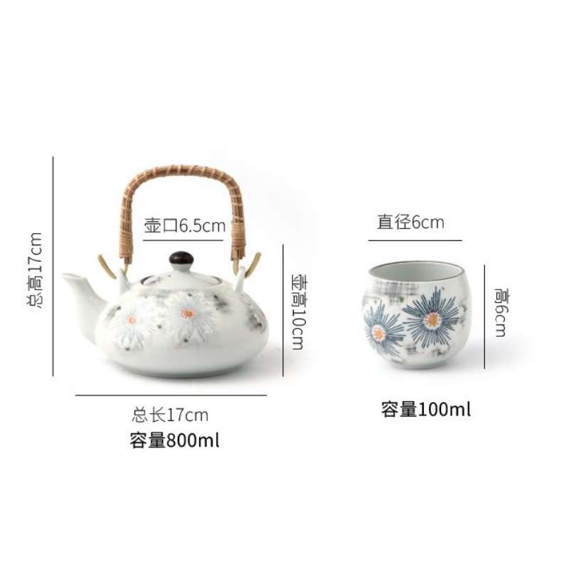 Antique Porcelain Hand-painted Grey Chrysanthemum Japanese Teapot Set With Rattan Woven Bamboo Handle Antique Porcelain Hand-painted Grey Chrysanthemum Japanese Teapot Set With Rattan Woven Bamboo Handle