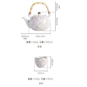 Antique Porcelain Hand-painted Grid Line Sakura Japanese Teapot Set With Bamboo Handle