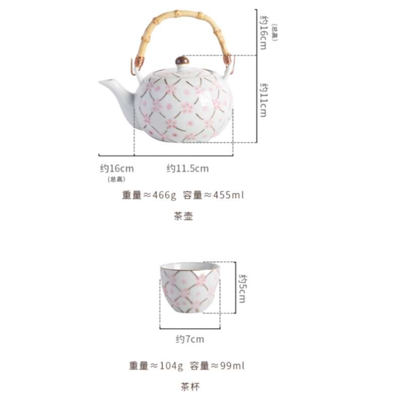 Antique Porcelain Hand-painted Grid Line Sakura Japanese Teapot Set With Bamboo Handle Antique Porcelain Hand-painted Grid Line Sakura Japanese Teapot Set With Bamboo Handle