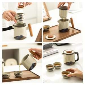 Ash Glaze Mountain Pattern Ceramic Portable Travel Tea Kit Set With Case