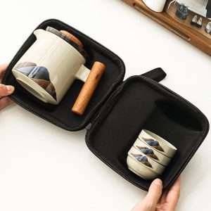 Ash Glaze Mountain Pattern Ceramic Portable Travel Tea Kit Set With Case