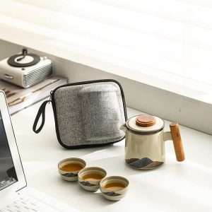 Ash Glaze Mountain Pattern Ceramic Portable Travel Tea Kit Set With Case