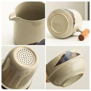 Ash Glaze Mountain Pattern Ceramic Portable Travel Tea Kit Set With Case
