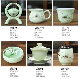 Insect Pattern Celadon Semi Automatic Lazy Tea Set With Circle Stand