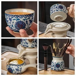 Cracked Blue And White Porcelain Entangled Branches Semi Automatic Lazy Tea Set