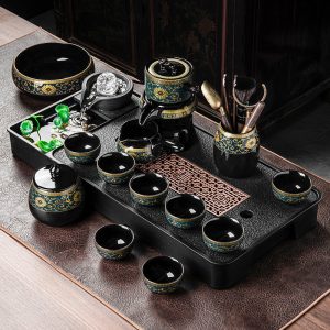 Black Glaze Tangled Branches Pattern Ceramic Lazy Semi Automatic Tea Set