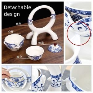 Blue And White Porcelain Semi Automatic Lazy Tea Set With Circle Stand