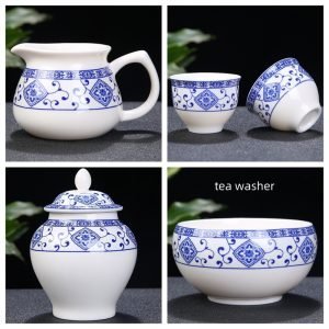 Blue And White Porcelain Semi Automatic Lazy Tea Set With Circle Stand