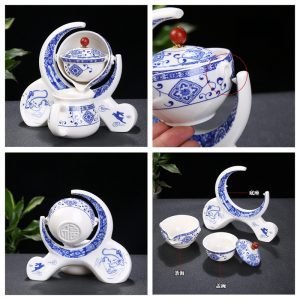 Moon Theme Blue And White Porcelain Lazy Semi Automatic Tea Set