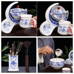 Moon Theme Blue And White Porcelain Lazy Semi Automatic Tea Set