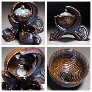 Blue Brown Glaze Jump Knife Carving Pattern Lazy Semi Automatic Tea Set