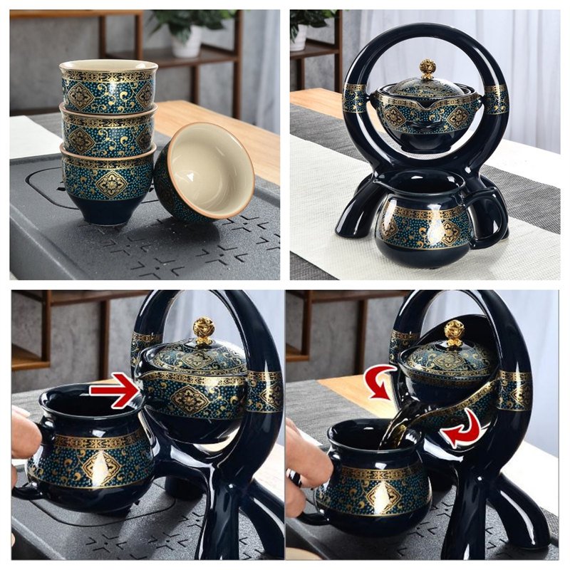 Blue Glaze Branch Pattern Circle Shelf Automatic Lazy Teapot And Cup Set Blue Glaze Branch Pattern Circle Shelf Automatic Lazy Teapot And Cup Set