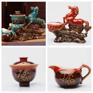 Blue And Brown Glaze Ceramic Horse Shape Automatic Lazy Teapot And Cup Set - Blue