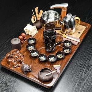 Lazy Kung Fu Tea Ceremony Set with Finely Carved Buddha Tea Tray and Electric Teapot with Temperature Control