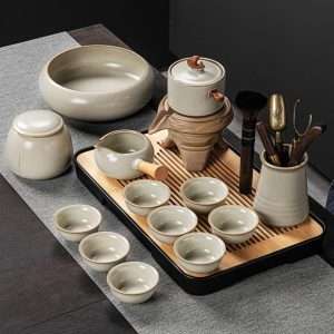 Portable Yellow Ru Kiln Style Ceramic Gongfu Tea Ceremony Set With Wooden Tray