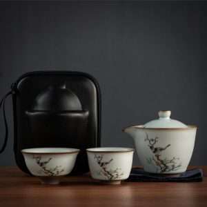 Bird And Flower Pattern Antique Ceramic Travelling Tea Set Case