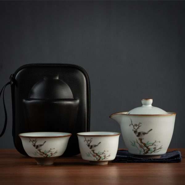 Bird And Flower Pattern Antique Ceramic Travelling Tea Set Case